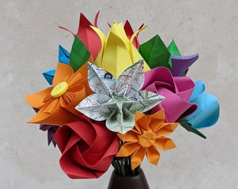 Colourful bridal bouquet, upcycled map flowers, unique origami keepsake, wedding blooms, recycled paper, eco friendly faux florals