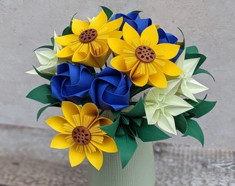 Bridal sunflowers bouquet, bride's origami wedding flowers, alternative eco friendly florals, recycled paper blue roses