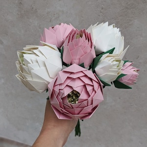 Origami peonies flowers, peony bridal bouquet, pink ivory paper keepsake, alternative eco friendly wedding blooms