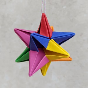 Origami rainbow star decoration, Christmas tree bauble, eco friendly recycled paper ornament, sustainable party decor, Indie Roller image 3