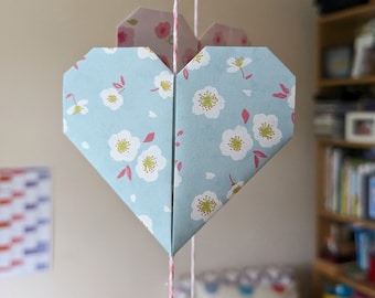 Blue paper hearts garland, cherry blossom bunting, origami hanging decoration, 1st anniversary gift, eco friendly home decor