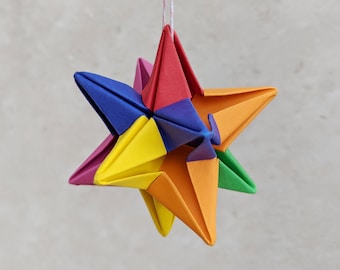 Origami rainbow star decoration, Christmas tree bauble, eco friendly recycled paper ornament, sustainable party decor, Indie Roller