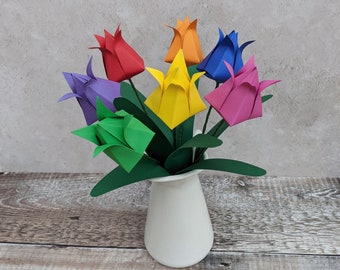 Paper tulips bouquet, origami flowers, Spring table decoration, rainbow birthday gift for her, eco friendly recycled blooms