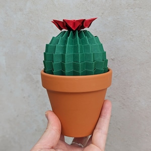 Cactus finto origami, pianta da appartamento di carta verde scuro, regalo di compleanno per lui, decorazione con piante per l'ufficio domestico, decorazione succulenta per la scrivania