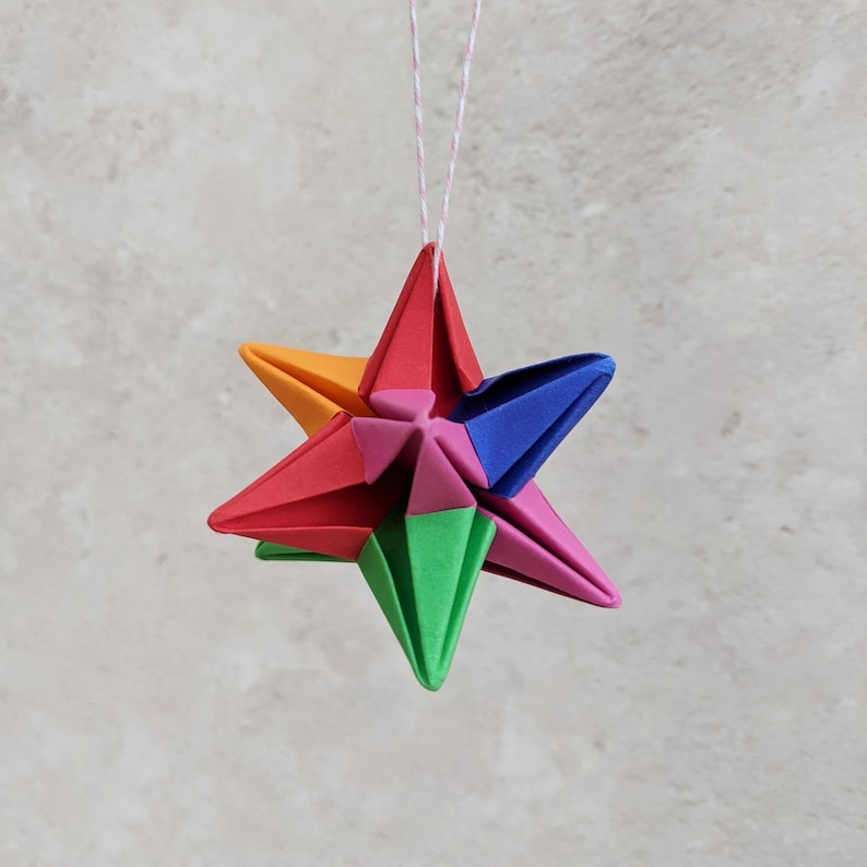 Origami rainbow star decoration, Christmas tree bauble, eco friendly recycled paper ornament, sustainable party decor, Indie Roller image 5