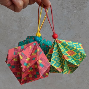 Origami patterned Christmas baubles, set of 3 paper tree decorations, colourful hanging diamond, eco friendly home decor, geometric ornament image 5