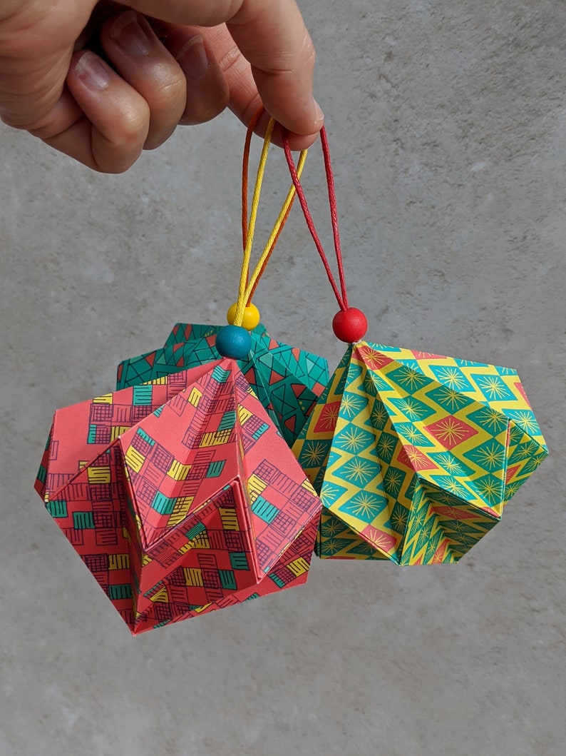 Origami patterned Christmas baubles, set of 3 paper tree decorations, colourful hanging diamond, eco friendly home decor, geometric ornament image 5