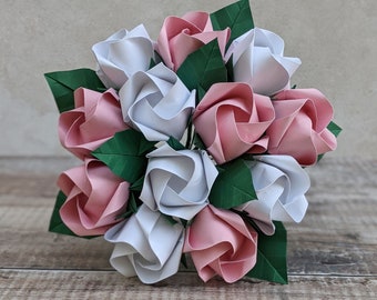 Origami roses bouquet, pastel pink paper flowers, eco friendly wedding, romantic 1st anniversary gift for wife, bridal keepsake