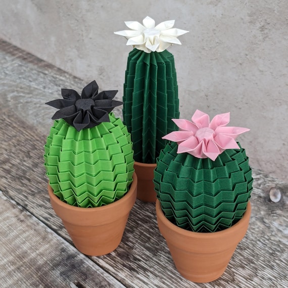 Mini Origami Cactus, Paper Plant With Flower, Green Faux