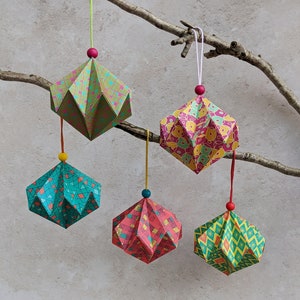 Origami patterned Christmas baubles, set of 3 paper tree decorations, colourful hanging diamond, eco friendly home decor, geometric ornament image 6