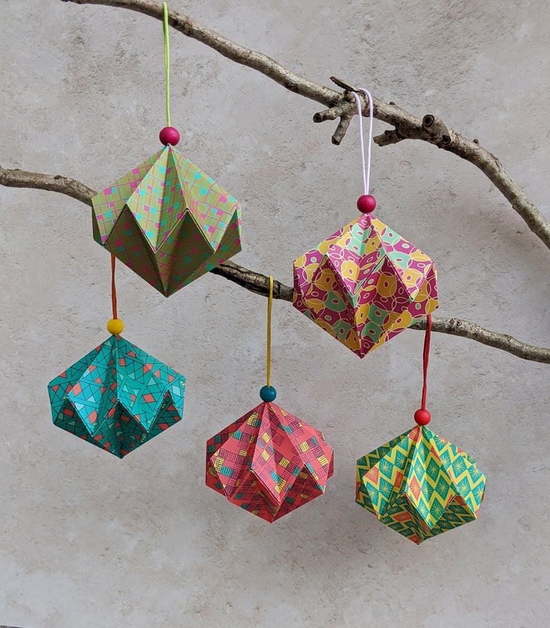 Origami patterned Christmas baubles, set of 3 paper tree decorations, colourful hanging diamond, eco friendly home decor, geometric ornament image 6