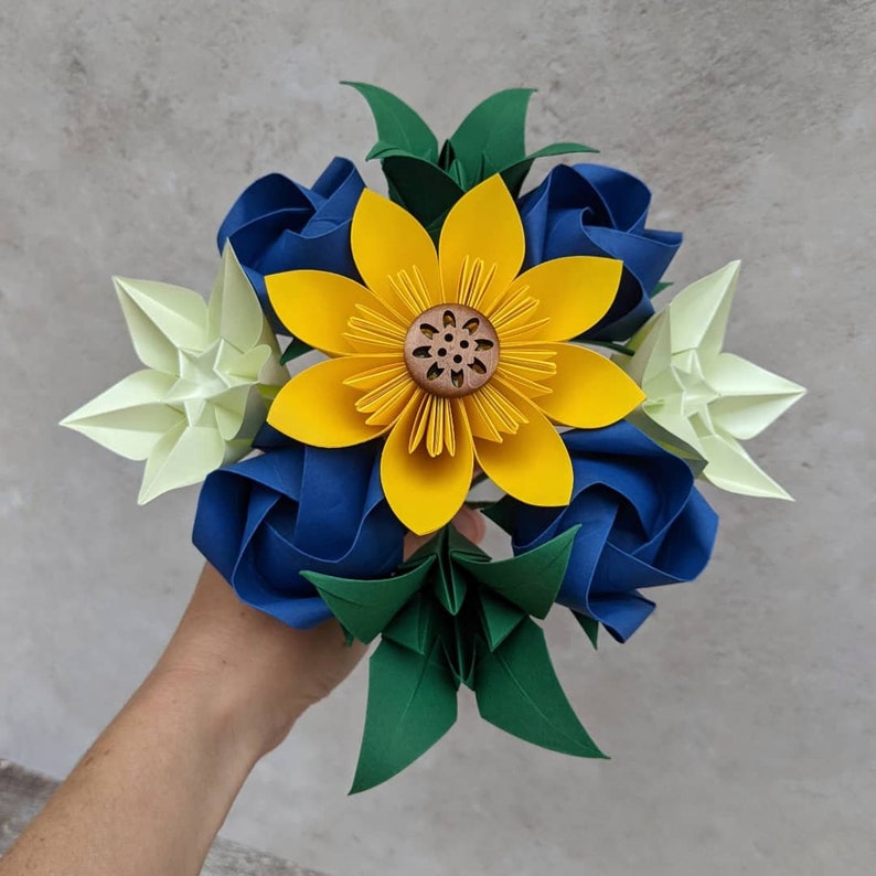 Origami paper flowers, bridesmaid's bouquet with sunflower, table centrepiece decoration, eco friendly keepsake florals, wedding anniversary image 2