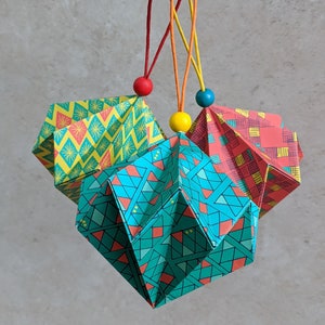 Origami patterned Christmas baubles, set of 3 paper tree decorations, colourful hanging diamond, eco friendly home decor, geometric ornament image 3