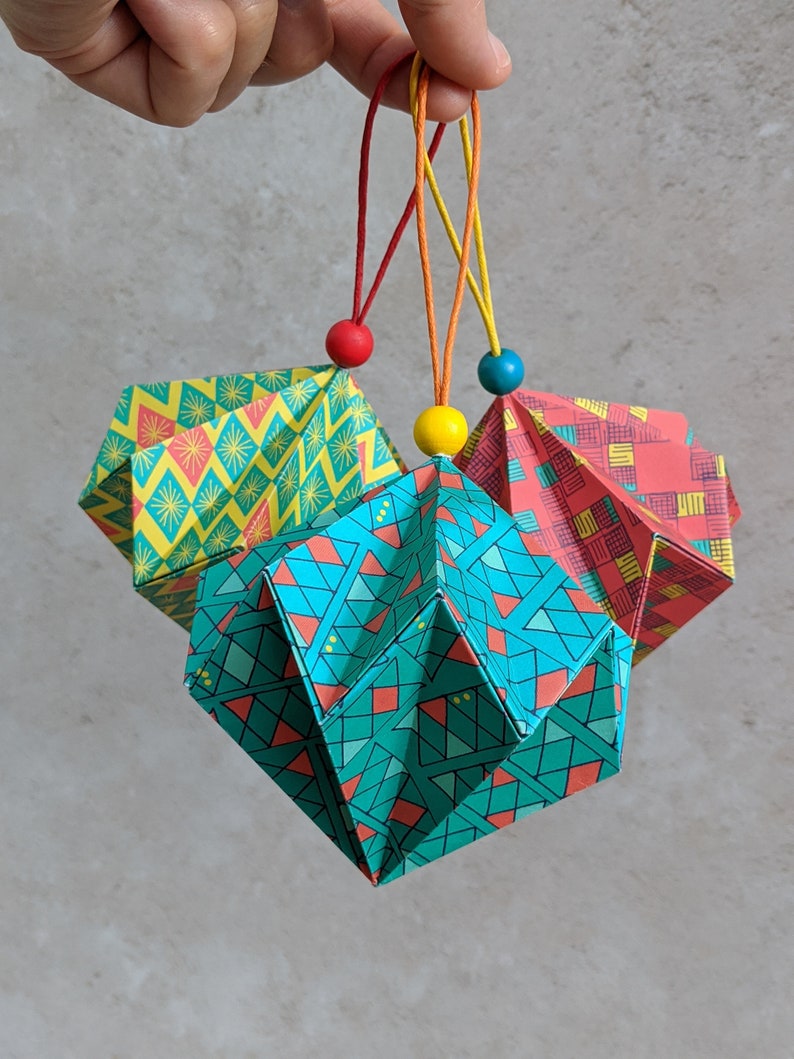 Origami patterned Christmas baubles, set of 3 paper tree decorations, colourful hanging diamond, eco friendly home decor, geometric ornament image 3