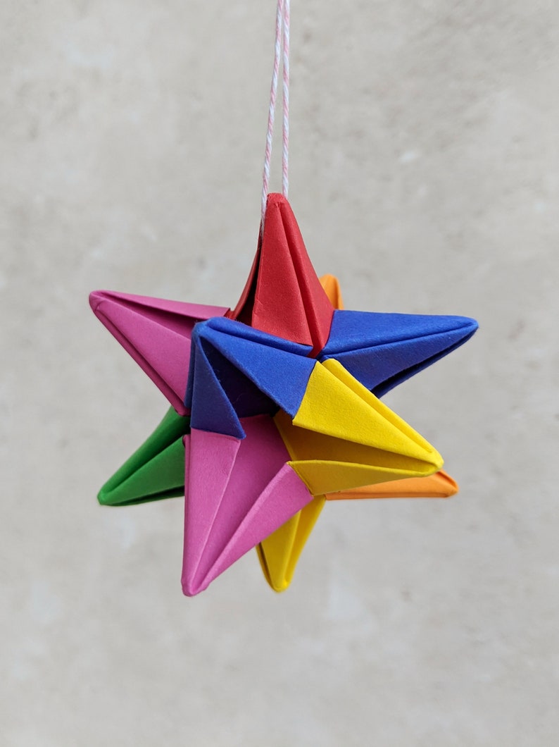 Origami rainbow star decoration, Christmas tree bauble, eco friendly recycled paper ornament, sustainable party decor, Indie Roller image 3