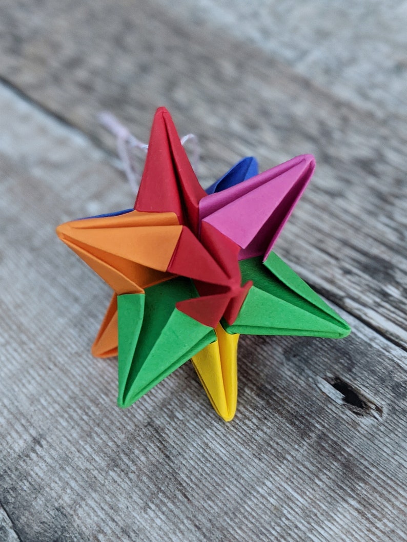 Origami rainbow star decoration, Christmas tree bauble, eco friendly recycled paper ornament, sustainable party decor, Indie Roller image 4