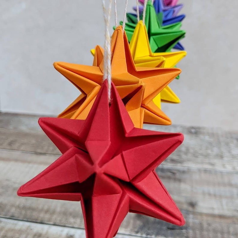 Origami star, Christmas tree bauble, eco friendly recycled paper ornament, hanging decorations, sustainable wedding decor Red