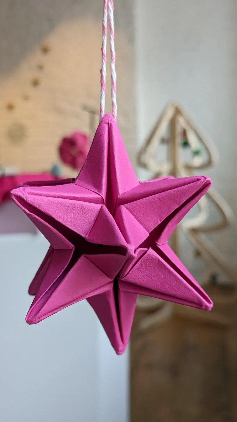 Origami star, Christmas tree bauble, eco friendly recycled paper ornament, hanging decorations, sustainable wedding decor Pink