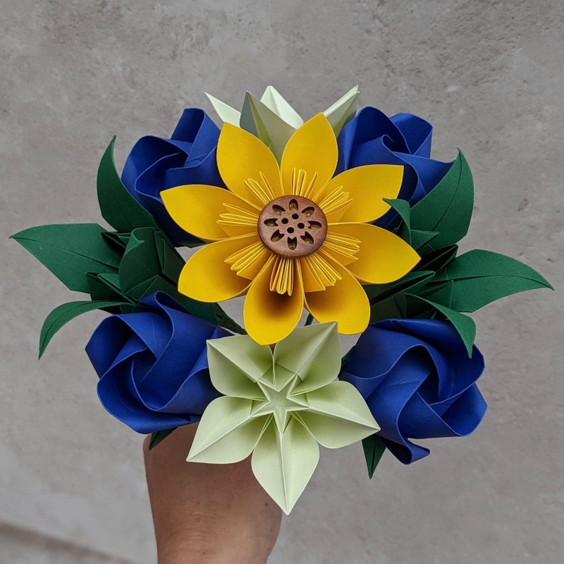 Origami paper flowers, bridesmaid's bouquet with sunflower, table centrepiece decoration, eco friendly keepsake florals, wedding anniversary image 1