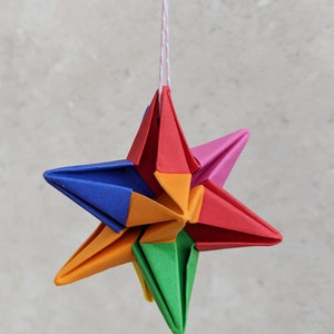 Origami rainbow star decoration, Christmas tree bauble, eco friendly recycled paper ornament, sustainable party decor, Indie Roller image 7