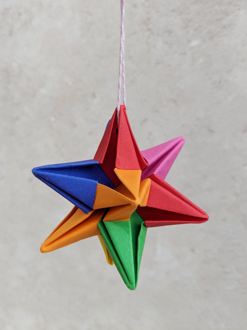 Origami rainbow star decoration, Christmas tree bauble, eco friendly recycled paper ornament, sustainable party decor, Indie Roller image 7