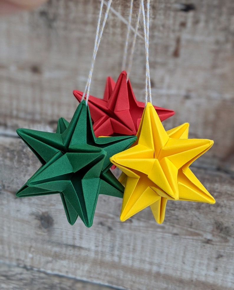 Origami star, Christmas tree bauble, eco friendly recycled paper ornament, hanging decorations, sustainable wedding decor image 5