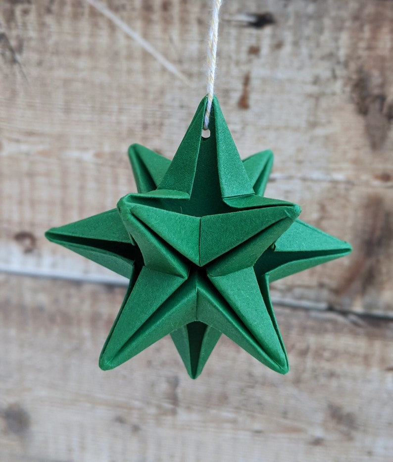 Origami star, Christmas tree bauble, eco friendly recycled paper ornament, hanging decorations, sustainable wedding decor Dark green