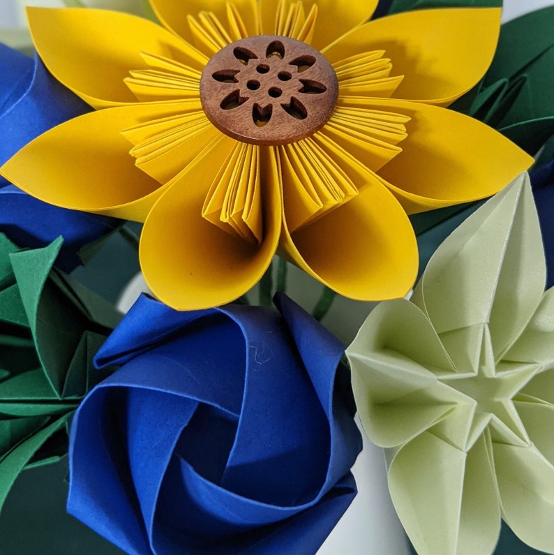 Origami paper flowers, bridesmaid's bouquet with sunflower, table centrepiece decoration, eco friendly keepsake florals, wedding anniversary image 3