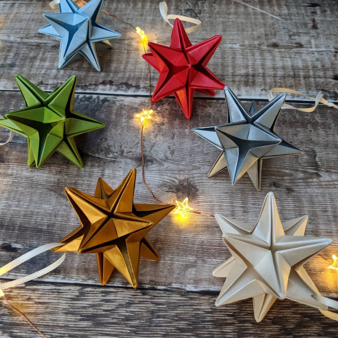 Set of 3 Origami Christmas Tree Star Decorations, Metallic Paper ...