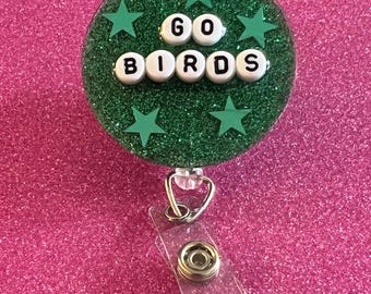 Go Birds Badge Reel Top, Philly, Green, Resin, Letter Beads, Glitter, Retractable Badge Holder, Nurse Gift, Star,Interchangeable