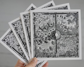 Turning Seasons - linocut print black ink seasonal Art/Greetings Card
