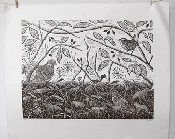 Birds in the Brambles - Original Limited Edition Lino print, Linocut print, Botanical print, Bird print, nature print, brown ink print