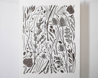Botanical Linoprint | Wildflower Wall Art | Original Limited Edition Hand Printed Nature Print | Winter Walk