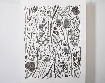 Winter Walk - Botanical Original Limited Edition Lino print, Linocut print, Hand printed, nature print, brown ink print, floral print