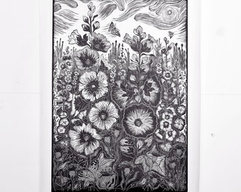 Swifts Over Hollyhocks Linocut Print: Limited Edition Bird & Garden Art