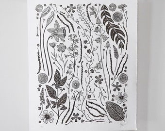 Spring Walk - Botanical Original Limited Edition Lino print, Linocut print, Hand printed, nature print, brown ink print, floral print