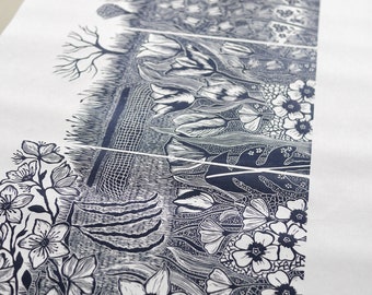 Allotment Linocut Print | Original Hand Printed Garden Wall Art | Limited Edition Botanical Print | Blue Ink