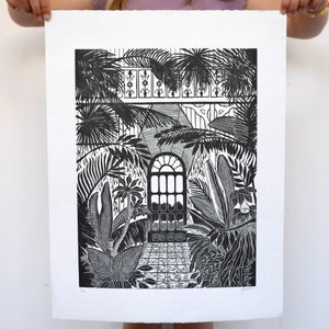 The Palm House Original Limited Edition Lino print, Linocut print, Hand printed, Kew Gardens, Black ink print, nature print, exotic print image 1