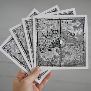 Turning Seasons - Art saisonnier/carte de voeux, impression linogravure à l'encre noire