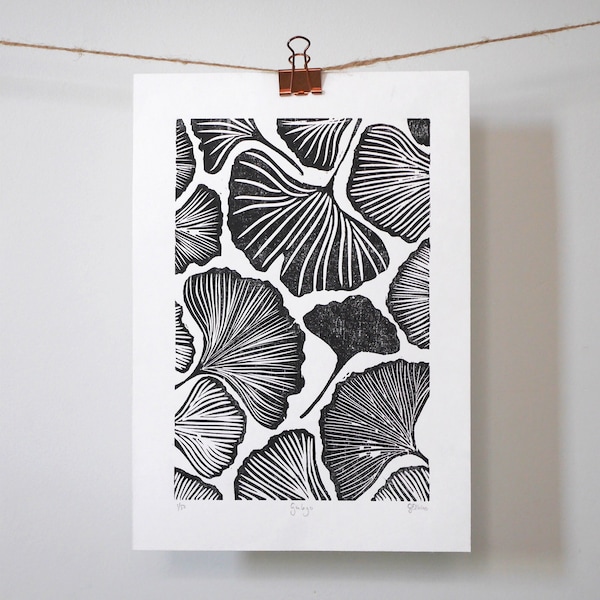 Ginkgo - Original Limited Edition Woodcut print, Woodblock print, Botanical print, Hand printed, black ink print, nature print, leaf leaves