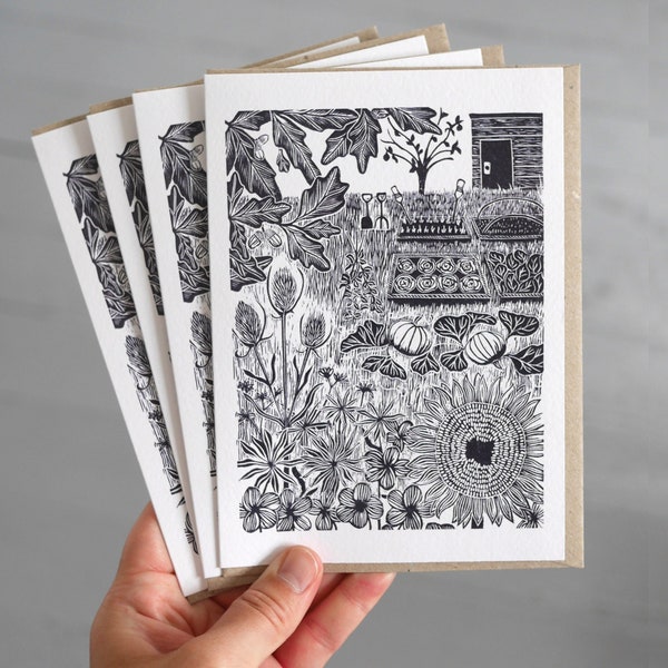 Sanctuary - garden allotment linocut print lino print Art/Greetings Card