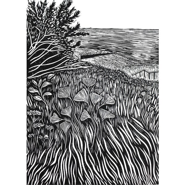Tankerton Beach - Original limitierter Linoldruck, Linoldruck, Handgedruckt, Landschaftsdruck, Schwarze Tinte Druck, Naturdruck