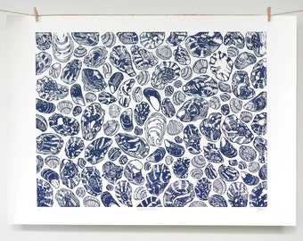 Shell Collection - Original Limited Edition Lino print, Linocut print, Hand printed, Blue print, Blue ink, Nature print, Shells print,