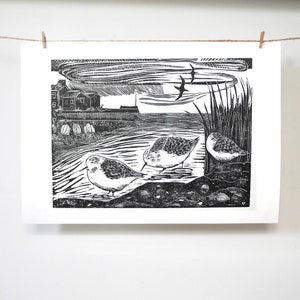 Sanderlings - Original Limited Edition Woodcut print, Woodblock print, Hand printed, black ink print, bird print, nature print, seascape
