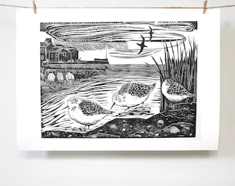 Sanderlings - Original Limited Edition Woodcut print, Woodblock print, Hand printed, black ink print, bird print, nature print, seascape