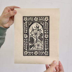 Dog Rose Linocut Print: Limited Edition Black Ink Nature Art
