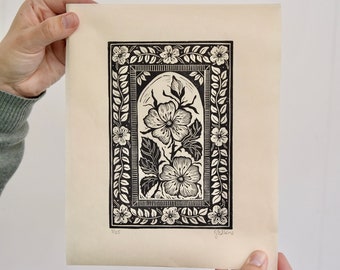 Hundsrose - Original limitierter Linoldruck, Linoldruck, Handgedruckt, schwarzer Druck, Naturdruck,