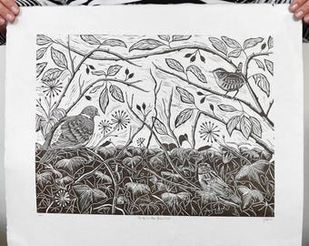 Birds in Brambles Linocut Print: Limited Edition Botanical Art