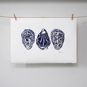 Oyster Shell Study - Original Limited Edition Lino print, Linocut print, Blue ink print, Seashells print, nature print