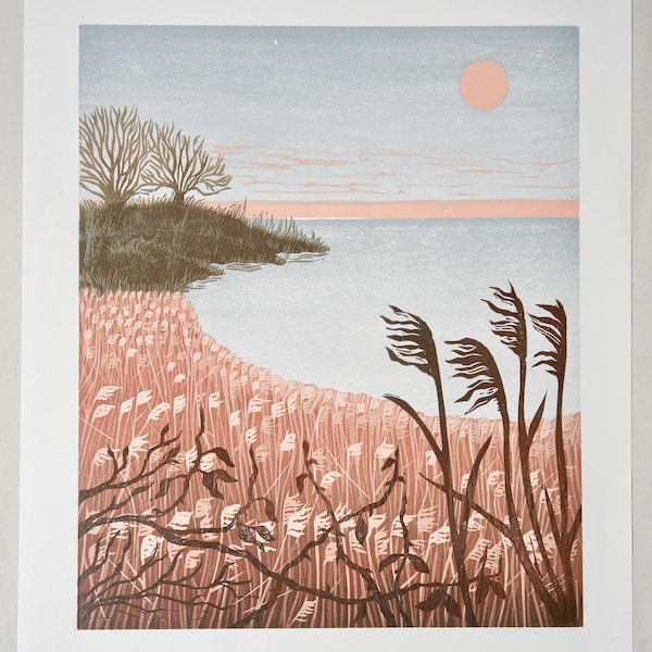 Limited Edition Woodcut Print: Coastal Seascape Landscape - The Shortest Day